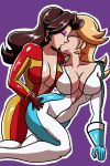 2_girls alluring alternate_version_available big_breasts blonde_hair bodysuit brown_hair cleavage closed_eyes earrings eye_shadow female_only hoop_earrings intelligent_systems kissing lesbian_kiss long_hair mario_(series) mario_kart_world nintendo no_bra pauline pauline_(aero) princess_rosalina princess_rosalina_(aero) purple_background robveemo rosalina simple_background super_mario_bros. unzipped unzipped_bodysuit yuri
