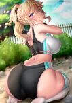 1girl 1girl alluring ass big_breasts blonde_hair blue_eyes blush bubble_ass bubble_butt genshin_impact jean_gunnhildr kneel light-skinned_female light_skin long_hair naughty_face oniilus outside ponytail smile sportswear