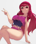 1girl 1girl :3 alluring alternate_costume big_breasts facial_mark fire_emblem fire_emblem_engage grey_background hair_ornament high_res intelligent_systems keldancon long_hair navel nintendo one-piece_bikini pink_one-piece_bikini red_eyes red_hair simple_background sitting smile star_(symbol) star_facial_mark star_hair_ornament swimsuit thighs v yunaka_(fire_emblem)