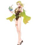 1girl 1girl alluring bare_arms blonde_hair blue_eyes cape cleavage coconut collarbone drinking_straw earrings feet female_focus fire_emblem fire_emblem:_the_sacred_stones fire_emblem_heroes flower fruit_cup full_body green_cape high_heel_sandals high_res highleg highleg_one-piece_bikini holding intelligent_systems jewelry long_hair looking_at_viewer medium_breasts nintendo official_alternate_costume official_art one-piece_bikini parted_bangs parted_lips sandals selena_(fire_emblem:_the_sacred_stones) selena_(summer)_(fire_emblem:_the_sacred_stones) shiny_skin standing swimsuit thigh_strap thighs toes transparent_background wada_sachiko