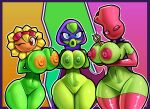 1girl 2023 areola big_breasts blue_eyes breasts clothing collar doregami electronic_arts elemental_creature elemental_humanoid eyewear eyewear_on_head flora_fauna flower flower_creature garden_warfare genitals goggles goggles_on_head green_areola green_body green_nipples green_shadow_(pvz) group high_res holding_breast hood humanoid legwear looking_at_viewer navel nipples object_between_breasts one_eye_closed orange_areola orange_nipples peashooter_(pvz) plant plant_humanoid plants_vs_zombies plants_vs_zombies:_heroes popcap_games pussy red_areola red_eyes red_nipples rose_(pvz) solar_flare_(pvz) spiked_collar spikes sunflower_(pvz) trio wide_hips