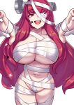 1girl 1girl absurd_res alluring alternate_costume bandage_over_one_eye bandaged_chest bandages big_breasts commentary english_commentary fire_emblem fire_emblem_engage hair_between_eyes hair_ornament halloween halloween_costume high_res intelligent_systems long_hair mummy_costume naked_bandage navel nintendo object_through_head one_eye_covered open_mouth red_eyes red_hair screw_in_head simple_background smile star_(symbol) star_hair_ornament teeth tetsu_chokoreto upper_teeth_only very_long_hair white_background yunaka_(fire_emblem)