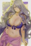 1girl alluring big_breasts bikini blue_bikini camilla_(fire_emblem) fire_emblem fire_emblem_fates fire_emblem_warriors grey_hair hair_over_one_eye intelligent_systems nintendo rotomdocs sarong swimsuit