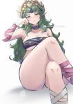 1girl 1girl absurd_res alluring arm_wrap bandeau big_breasts blush chascoby choker cleavage collarbone crop_top crossed_legs fire_emblem fire_emblem:_fortune's_weave green_eyes green_hair hair_ornament head_rest headpiece high_res intelligent_systems leg_wrap long_hair looking_at_viewer nintendo parted_lips pink_ribbon pointy_ears purple_bandeau purple_choker ribbon simple_background sitting sothis_(adult)_(fire_emblem) sothis_(fire_emblem) tassel tassel_hair_ornament thighs tiara white_background white_ribbon