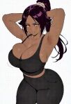  ai_generated armpits arms_up bare_thighs bleach bouncing_breasts dark-skinned_female dark_skin gif gigantic_breasts huge_breasts huge_thighs kawaiiarts looking_at_viewer massive_breasts ponytail purple_hair shihouin_yoruichi solo_female squatting sweat sweatdrop tank_top thick_body thick_female thick_thighs thighs voluptuous voluptuous_female yellow_eyes yoga_pants 