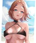 1girl 1girl 1girl alluring bare_shoulders beach big_breasts bikini black_bikini blonde_hair blue_eyes blue_sky braid hair_ornament hairclip leonmandala nintendo ocean open_mouth pointy_ears princess_zelda sand shore short_hair sky swimsuit the_legend_of_zelda the_legend_of_zelda:_tears_of_the_kingdom under_boob