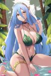 1girl 1girl 1girl alternate_costume anklet azura_(fire_emblem) bare_legs bare_shoulders big_breasts bikini blue_hair breasts bug butterfly butterfly_on_hand camilitrox_cr camilitroxcr cleavage commission female_only fire_emblem fire_emblem_fates fire_emblem_warriors forest green_bikini green_swimsuit hair_between_eyes high_res in_water intelligent_systems jewelry leaf_bikini long_bangs long_hair looking_at_viewer nature navel necklace nintendo parted_lips petals petals_on_liquid sitting swimsuit thighlet tree veil very_long_hair wariza white_veil yellow_eyes
