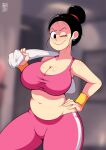 1girl androjuniarto belly big_breasts black_hair blush chichi chubby chubby_female dragon_ball dragon_ball_z earrings one_eye_closed pale-skinned_female pale_skin sports_uniform towel