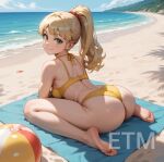 ai_generated ass beach beach_ball beach_towel blonde_hair butt_focus etm_ai green_eyes looking_at_viewer ponytail yellow_bikini younger_female