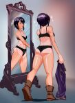 1girl :o alluring black_hair bra commission commissioner_upload fire_emblem fire_emblem:_genealogy_of_the_holy_war intelligent_systems larcei_(fire_emblem) mirror mr_pororu nintendo open_mouth panties reflection shirt short_hair simple_background sleeveless sleeveless_shirt sparkle surprised sweat sweatdrop tan tan_line underwear