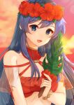 1girl 1girl :d alluring bare_shoulders bikini blue_eyes blue_hair blush bracelet day edamameoka fire_emblem fire_emblem:_the_binding_blade fire_emblem_heroes flower flower_wreath frilled_bikini frills head_wreath hibiscus high_res intelligent_systems jewelry leaf_fan lens_flare lilina_(fire_emblem) lilina_(summer)_(fire_emblem) long_hair nintendo official_alternate_costume open_mouth outside red_bikini red_flower red_sky see-through_clothes sky smile swept_bangs swimsuit upper_body very_long_hair