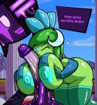 1girl blue_eyes breast_squeeze breasts breasts doregami erect_nipples erect_penis male moonflower_(pvz) nipples one_eye_closed paizuri paizuri penis plants_vs_zombies purple_penis purple_skin smile tagme text text_bubble white_eyes