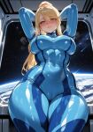 1girl ai_generated blonde_hair bodysuit curvy curvy_female curvy_figure long_hair metroid ponytail samus_aran space space_station zero_suit