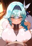 1boy1girl 1girl ai_generated blue_hair curvy curvy_female curvy_figure dark-skinned_male eula_(genshin_impact) fellatio genshin_impact long_hair paizuri sex