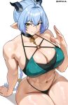 1girl big_breasts bikini blue_hair bubble_butt cleavage cromwellb horny inviting_to_sex looking_at_viewer lucia_(zenless_zone_zero) lucia_elowen pose sitting swimsuit teasing thick_thighs yellow_eyes zenless_zone_zero