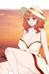 1girl 1girl 1girl alluring alternate_costume ass bare_shoulders big_ass big_breasts celica_(fire_emblem) cleavage collarbone cryptid_crab earrings fire_emblem fire_emblem_echoes:_shadows_of_valentia fire_emblem_warriors hat intelligent_systems looking_at_viewer medium_hair nintendo orange_eyes orange_hair sarong shy_smile sitting smile sun_hat thick_thighs white_bikini white_swimsuit