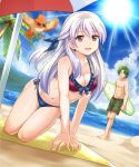 1boy 1girl :d all_fours alluring beach bikini bird blue_sky brown_eyes cleavage cloud cloudy_sky coconut_tree collarbone day fire_emblem fire_emblem:_radiant_dawn green_hair hair_ribbon high_res horizon intelligent_systems looking_at_viewer micaiah_(fire_emblem) navel nichika_(nitikapo) nintendo ocean open_mouth outside palm_tree ribbon side-tie_bikini_bottom silver_hair sky smile sothe_(fire_emblem) sun sunglasses sunlight swimsuit tree yune_(fire_emblem)