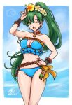 1girl 1girl alluring bikini blue_bikini cleavage commentary earrings english_commentary fire_emblem fire_emblem:_the_blazing_blade fire_emblem_heroes fire_emblem_warriors flower frilled_bikini frills green_eyes green_hair hair_flower hair_ornament hand_on_own_hip high_ponytail high_res intelligent_systems jewelry long_hair lyn lyn_(fire_emblem) lyn_(lady_of_the_beach)_(fire_emblem) lyndis lyndis_(fire_emblem) navel nintendo one_eye_closed ponytail rotomdocs swimsuit very_long_hair