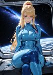 1girl ai_generated blonde_hair bodysuit curvy curvy_female curvy_figure long_hair metroid ponytail samus_aran space space_station zero_suit