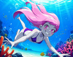1girl 2025 ai_generated beach black_dot_eyes deviantart elryusam female grey_body grey_skin jinx meta ocean pink_cheeks pink_eyes pink_hair purple_bikini solo swimming teen_titans underwater warner_brothers