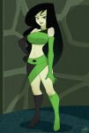 1girl alternate_costume arm_at_side asymmetrical_boots asymmetrical_footwear asymmetrical_gloves bangs bare_shoulders big_breasts black_boots black_footwear black_gloves black_hair boots breasts collarbone disney elbow_gloves female_only female_solo footwear full_body gloves green_boots green_eyes green_footwear green_gloves green_skin green_skirt grey_lipstick half-closed_eyes hand_on_hip indoors jewelry kim_possible legs lips long_hair looking_at_viewer makeup midriff multicolored_clothes multicolored_skirt navel neck necklace open_mouth pale-skinned_female pale_skin revealing_clothes rodjim round_teeth shadow shego skirt smile standing straight_hair supervillainess swept_bangs teeth thighs two-tone_skirt upper_teeth upper_teeth_only very_long_hair villainess