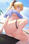 1girl 1girl absurd_res ass bare_shoulders barefoot big_breasts blonde_hair blue_eyes blue_shirt blue_sky blush bow cloud cloudy_sky crop_top crop_top_overhang cropped_shirt day doremo feet foot_up genshin_impact hair_between_eyes hairbow high_res jean_gunnhildr jean_gunnhildr_(sea_breeze_dandelion) knee_up long_hair looking_at_viewer naked_from_the_waist_down official_alternate_costume outside parted_lips ponytail shirt short_sleeves sidelocks sitting skindentation sky soles teeth thick_thighs thigh_strap thighs toenails toes under_boob