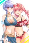 2_girls :d alluring big_breasts bikini blue_bikini blue_hair blush braid brown_eyes cleavage collarbone cowboy_shot crown_braid edamameoka eyewear_on_head fire_emblem fire_emblem:_three_houses fire_emblem_heroes floating_hair high_res hilda_valentine_goneril_(summer) intelligent_systems looking_at_viewer marianne_von_edmund_(summer) medium_breasts multiple_girls nail_polish navel nintendo official_alternate_costume open_mouth parted_lips pink-tinted_eyewear pink_bikini pink_hair pink_nails red_eyes sarong short_hair short_hair_with_long_locks short_sleeves sidelocks smile standing sunglasses swimsuit tinted_eyewear yellow-framed_eyewear