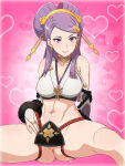1girl 1girl alluring anus bare_legs bare_shoulders big_breasts blush cleavage covering_crotch covering_privates earrings elbow_gloves female_focus fire_emblem fire_emblem_fates gloves hair_ornament heart high_res hoop_earrings intelligent_systems japanese_clothes jewelry legs long_hair looking_at_viewer navel nintendo orochi_(fire_emblem) purple_eyes purple_hair simple_background sitting smile spread_legs thighs yuki_(12cut)