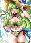 1girl 1girl absurd_res akimiiiii alluring armlet big_breasts bikini blush bracelet cleavage criss-cross_halter fire_emblem fire_emblem_echoes:_shadows_of_valentia fire_emblem_heroes flower gluteal_fold green_bikini green_eyes green_hair hair_ornament halterneck hat high_res intelligent_systems jewelry long_hair navel nintendo ocean official_alternate_costume open_mouth outside palla_(fire_emblem) palla_(summer)_(fire_emblem) palm_leaf palm_tree sarong see-through_clothes see-through_sarong skindentation small_breasts stomach straw_hat sun_hat swimsuit thick_thighs thighlet thighs tree water