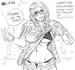 1girl alluring bb_(baalbuddy) big_breasts bikini black_and_white braid english_text glasses grin julia_chang lifting_shirt monochrome namco navel shirt_lift streamer streaming striped_bikini swimsuit_under_clothes tekken tekken_7 text twin_braids v voluptuous