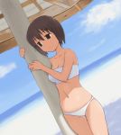  1_girl 1girl arm arm_support art artist_request bare_legs bare_shoulders beach bikini breasts brown_eyes brown_hair cleavage cloud collarbone dutch_angle female hips hut legs midriff navel neck nora_higuma sand serious short_hair sky solo standing strapless strapless_bikini strapless_swimsuit swimsuit tubetop white_bikini white_swimsuit wide_hips 