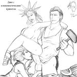 1guy 2girls america apron fellatio fleatrollus hair hammer huge_penis inanimate multiple_girls oral penis russia statue_of_liberty testicles threesome worker_and_kolkhoz_woman