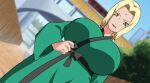 1girl big_breasts blonde_hair bouncing_breasts brown_eyes disrobing female_only gif huge_breasts massive_breasts naruto robe short_hair solo_female tsunade undressing