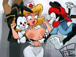 2guys animaniacs assisted_exposure blonde_hair bra_pull breasts breasts_out female funny furry grope hello_nurse human nurse uniform wakko_warner yakko_warner