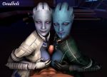  1boy 2_girls 3d alien aria_t&#039;loak asari between_breasts blue_eyes blue_skin cleavage clothed_female_nude_male clothing commander_shepard deadbolt double_paizuri ffm_threesome gloves grin hand_on_breast liara_t&#039;soni maleshep mass_effect medium_breasts multiple_girls paizuri penis pov sfm smile source_filmmaker teamwork threesome 