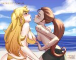  2_girls beach bikini_bottom blonde_hair brown_hair ilia_amitola jay156 kissing lesbian_kiss nipples_touching ponytails rwby saliva_string skin_markings tongue_out yang_xiao_long yuri 