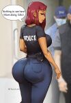 1girl 1girl 1girl ass ass big_ass big_ass breasts clothed clothing dat_ass dc_comics dialogue english_text female_only green_eyes koriand'r large_ass looking_at_viewer looking_back meme open_mouth orange_body orange_skin pants phat_smash police policewoman red_hair shirt solo_female speech_bubble starfire teen_titans text thicc_french_policewoman wide_hips