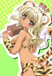 1_girl 1girl animal_ears arm art ass back bare_back bare_shoulders big_breasts blonde blonde_hair blush boned_meat breasts butt_crack dark_skin erect_nipples female food head_tilt hiroli_yasui holding large_breasts long_hair looking_at_viewer looking_back meat midriff purple_eyes shiny shiny_skin smile solo strapless tail tan tan_line tiger_ears tiger_print tiger_tail tubetop