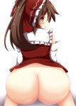 1girl ass beni_shake big_ass blush bottomless bow brown_hair brunette detached_sleeves female hair hair_bow hair_tubes hakurei_reimu huge_ass looking_back ponytail shirt shy simple_background sitting solo teasing touhou white_background