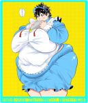  apron black_hair blue_eyes blush breasts chubby fat hair huge_breasts pocharu text translation_request waitress 