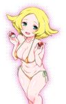 1girl :d akira_(natsumemo) bel_(pokemon) bikini blonde_hair breasts collarbone curvy green_eyes halftone halftone_background holding holding_poke_ball large_breasts looking_at_viewer micro_bikini open_mouth poke_ball pokemon pokemon_(game) pokemon_bw shiny shiny_skin short_hair side-tie_bikini simple_background sling_bikini smile solo string_bikini swimsuit white_background wide_hips