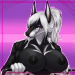  1:1_aspect_ratio 1girl 2014 5_fingers abstract_background anthro areolae big_breasts bipedal black_body black_ears black_face black_fur black_glasses black_nipples black_nose black_pupils breast_rest breasts canid canine canis cleavage clothing dark_areolae dark_body dark_fur dark_nipples dark_pupils digital_media_(artwork) doberman dog ears_up eyewear female female_only fingers fur furry glands_of_montgomery glasses hair high_resolution holding holding_object jekka large_areolae large_nipples light_hair looking_at_viewer mammal monotone_ears monotone_hair montgomery_tubercles multicolored_body multicolored_face multicolored_fur naughty_face nipples open_clothes open_shirt open_topwear original pattern_clothing pattern_topwear pince-nez pinscher pinstripe_clothing pinstripe_pattern ponytail presenting presenting_breasts pupils purple_eyes shikoku-una shikoyote shirt simple_background smile snout solo_female tied_hair topwear two-tone_fur two_tone_body two_tone_face white_body white_breasts white_face white_fur white_hair 