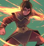  1girl 1girl 1girl armor avatar:_the_last_airbender azula black_eyes black_hair evil_grin evil_smile feet_out_of_frame fighting_stance fire green_background grin hair_bun high_resolution kelvin_hiu looking_at_viewer princess pyrokinesis single_hair_bun smile tied_hair topknot 