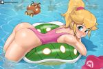  1girl ass big_ass blonde_hair blue_eyes blush dat_ass echosaber goomba hat lipstick long_hair mario mario_(series) nintendo one-piece_swimsuit pink_swimsuit ponytail pool princess_peach super_mario_bros. swimsuit thick_thighs thighs water 