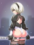 1_girl 1girl ass clothed cougar1404 dat_ass female female_only from_behind huge_ass looking_back mouth_open nier:_automata outdoor short_hair solo thong thong_leotard white_hair yorha_no._2_type_b