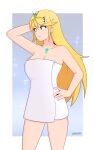  1girl after_shower alluring bare_legs blonde_hair breasts ear_piercing heroine lackatask long_blonde_hair medium_hair mythra nintendo orange_eyes pin_up towel towel_covering_breasts white_skin xenoblade_(series) xenoblade_chronicles_2 