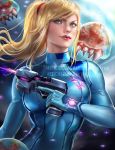 1_girl 1girl art blonde blonde_hair blue_eyes bodysuit breasts female gun holding lips lipstick long_hair metroid metroid_(creature) nintendo ponytail sakimichan samus_aran sidelocks skin_tight smile solo trigger_discipline upper_body watermark weapon web_address zero_suit