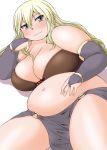 1girl bbw belly big_breasts blonde_hair blush bra breasts bridal_gauntlets chubby cleavage come_hither cute fat female green_eyes hand_on_own_stomach huge_breasts katou_(katohayabusa) loincloth long_hair midriff navel original plump pot_belly smile smiling solo thick_thighs thighs underwear very_long_hair wide_hips