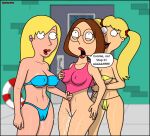  bikini blonde blonde_hair blue_bikini brown_hair brunette cameltoe cindi_(family_guy) connie_d&#039;amico cum cumming dialogue erect_nipples erect_nipples_under_clothes family_guy lesbian_threesome meg_griffin nipples_visible_through_clothing orgasm_face pink_swimsuit pool pussy_juice sexfightfun smiley_face squirt squirting swimsuit threesome wedgie wet wet_clothes wet_pussy wet_swimsuit yellow_bikini yuri 