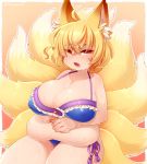 1girl animal_ears blonde_hair blush breasts chubby cleavage fang fat fox_ears fox_tail kiri_futoshi large_breasts multiple_tails open_mouth short_hair solo sweat swimsuit tail touhou yakumo_ran yellow_eyes